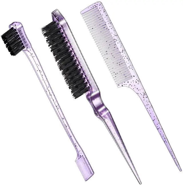Main image of 3 Pcs Slick Back Hair Brush Set Bristle Brush Edge Control Teasing Comb for Women Black Hair(Clear Purple)