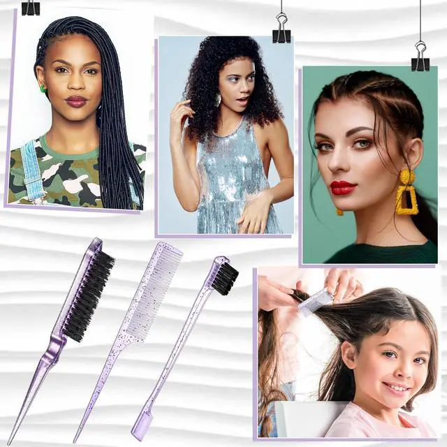 Alt view image 6 of 6 - 3 Pcs Slick Back Hair Brush Set Bristle Brush Edge Control Teasing Comb for Women Black Hair(Clear Purple)