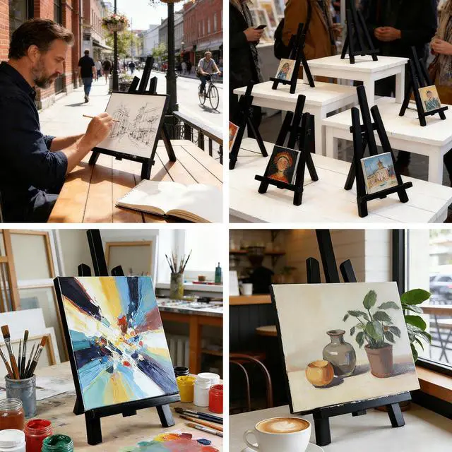 Alt view image 5 of 6 - Black Wooden Display Easel Stand, 13 Inch Folding Tabletop A-Frame Mini Easels for Canvas, Photos, Wedding Signs & Menus, Solid Radiata Pine Wood, 2 Pack