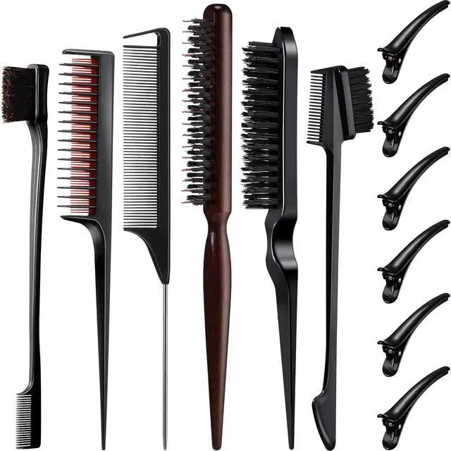 Main image of 12 Pcs Black Hair Brush Set Teasing Hair Edge Brush Rat Tail Comb Double Sided Nylon Boar Bristle 3 Row Comb with Duckbill Clips for Stylist Salon Styling Sectioning