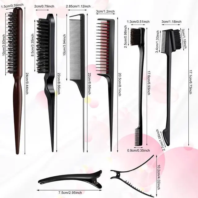 Alt view image 2 of 7 - 12 Pcs Black Hair Brush Set Teasing Hair Edge Brush Rat Tail Comb Double Sided Nylon Boar Bristle 3 Row Comb with Duckbill Clips for Stylist Salon Styling Sectioning