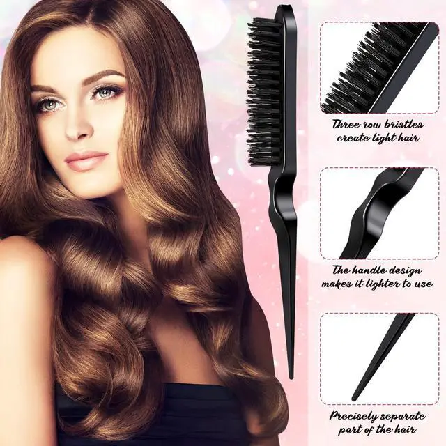 Alt view image 5 of 7 - 12 Pcs Black Hair Brush Set Teasing Hair Edge Brush Rat Tail Comb Double Sided Nylon Boar Bristle 3 Row Comb with Duckbill Clips for Stylist Salon Styling Sectioning