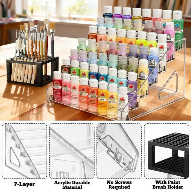 Alt view image 3 of 7 - Clear Paint Organizer With Brush Holder, 7 Layers Acrylic Paint Organizer Storage Rack, Craft Rack Miniature Holder Storage, Size for Small tube and jars