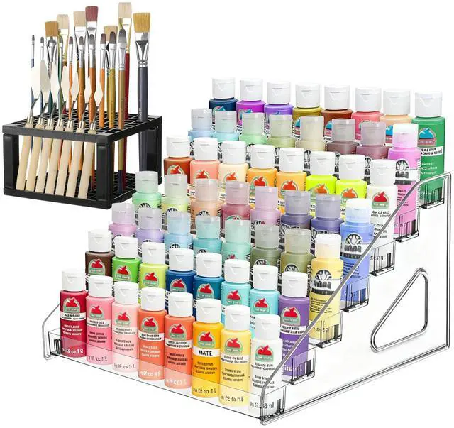 Main image of Clear Paint Organizer With Brush Holder, 7 Layers Acrylic Paint Organizer Storage Rack, Craft Rack Miniature Holder Storage, Size for Small tube and jars