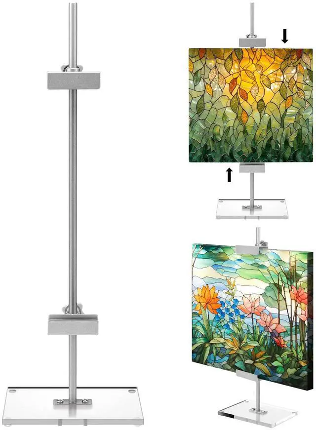 Main image of Adjustable Tabletop Easel Silver Picture Frame Holder Stand up to 16.5" H Metal Floating Picture Rack for Display Easel with Acrylic Base 16 x 5 Frame Holder Stand Table for Art Photo Signs