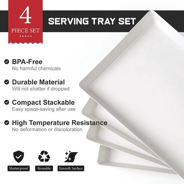 Alt view image 4 of 7 - 4-Pack Plastic 16" x 11" Large White Serving Trays Set - Reusable Serving Platters for Cookie, Appetizer, Charcuterie, Snack, Dessert, Party Food Display - Stackable Kitchen CounterTop Tray, BPA Free