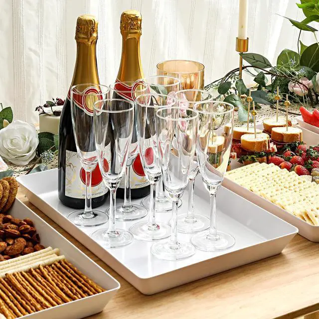 Alt view image 7 of 7 - 4-Pack Plastic 16" x 11" Large White Serving Trays Set - Reusable Serving Platters for Cookie, Appetizer, Charcuterie, Snack, Dessert, Party Food Display - Stackable Kitchen CounterTop Tray, BPA Free