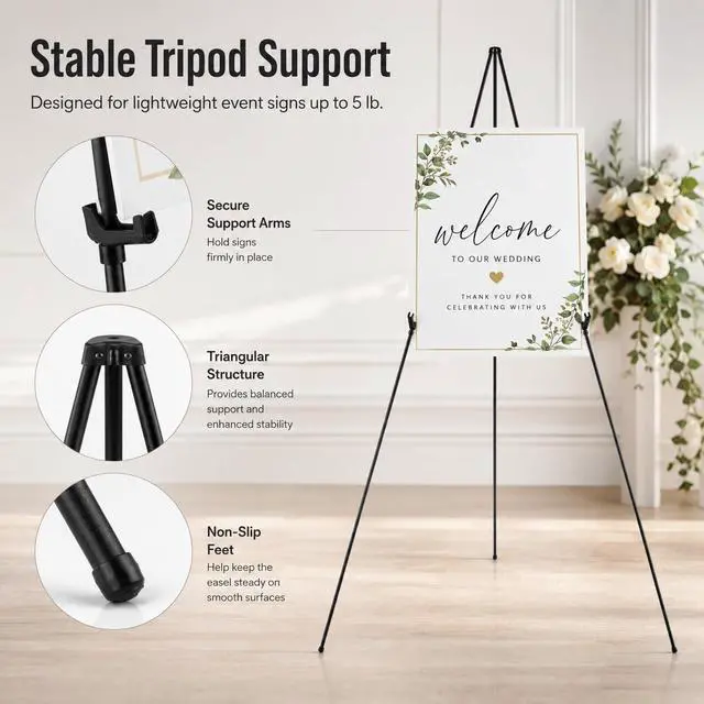 Alt view image 3 of 7 - Easel Stand for Sign,63'' Instant Lightweight Portable Ground Easel for Wedding Sign and Poster Display Stand, Metal Tripod with Portable Bag,1-Pack.