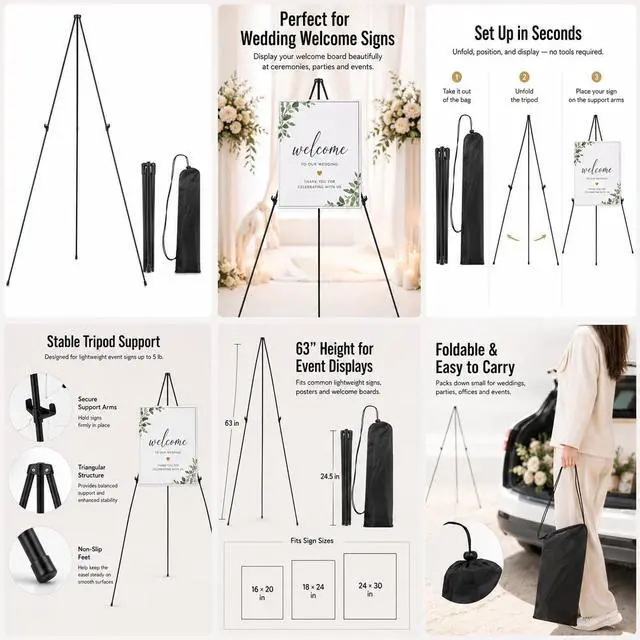 Alt view image 6 of 7 - Easel Stand for Sign,63'' Instant Lightweight Portable Ground Easel for Wedding Sign and Poster Display Stand, Metal Tripod with Portable Bag,1-Pack.