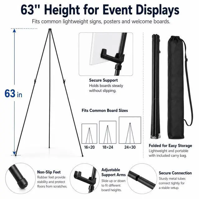 Alt view image 7 of 7 - Easel Stand for Sign,63'' Instant Lightweight Portable Ground Easel for Wedding Sign and Poster Display Stand, Metal Tripod with Portable Bag,1-Pack.