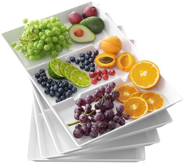 Main image of Serving Tray Divided for Party Supplies, 4 PCS 15" x 10" Plastic Platters for Serving Food, White Reusable Tray for Veggie, Snack, Fruit, Cookies, Desserts in Kitchen/Pantry