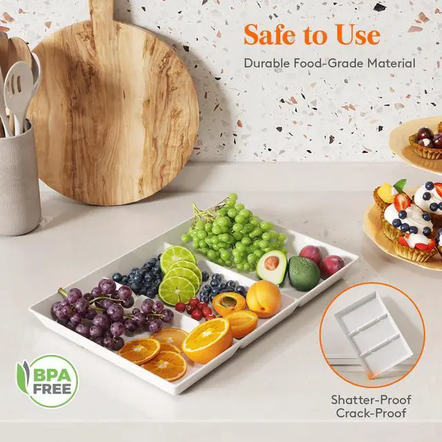 Alt view image 2 of 7 - Serving Tray Divided for Party Supplies, 4 PCS 15" x 10" Plastic Platters for Serving Food, White Reusable Tray for Veggie, Snack, Fruit, Cookies, Desserts in Kitchen/Pantry