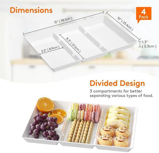 Alt view image 3 of 7 - Serving Tray Divided for Party Supplies, 4 PCS 15" x 10" Plastic Platters for Serving Food, White Reusable Tray for Veggie, Snack, Fruit, Cookies, Desserts in Kitchen/Pantry