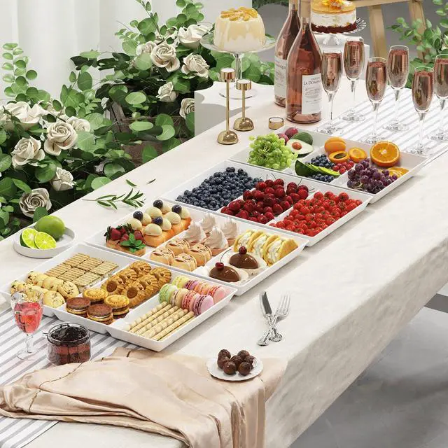 Alt view image 6 of 7 - Serving Tray Divided for Party Supplies, 4 PCS 15" x 10" Plastic Platters for Serving Food, White Reusable Tray for Veggie, Snack, Fruit, Cookies, Desserts in Kitchen/Pantry