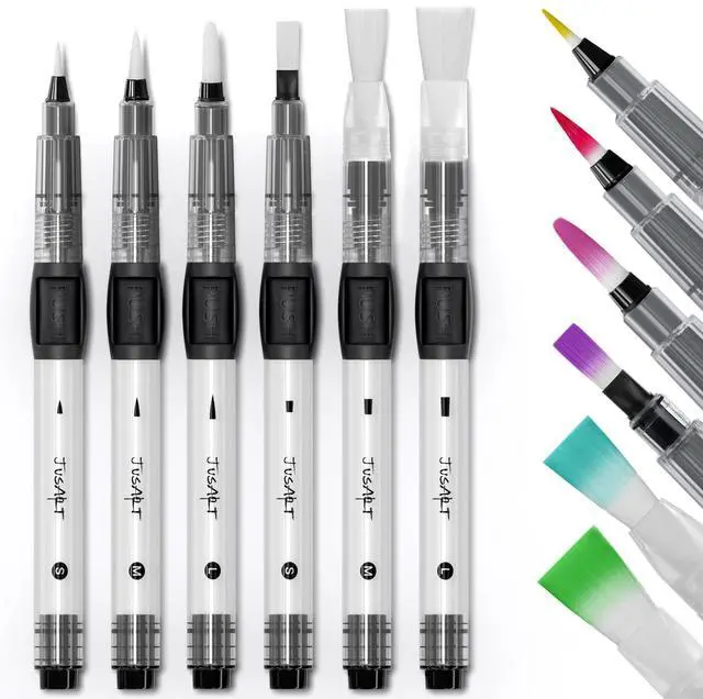 Main image of Water Brush Pens 6-Pack Leak-Proof Refillable Watercolor Pens for Acrylic and Gouache Painting - Includes Pointed & Flat Tip Styles - Portable Water Brushes for Artists, Beginners, Adults