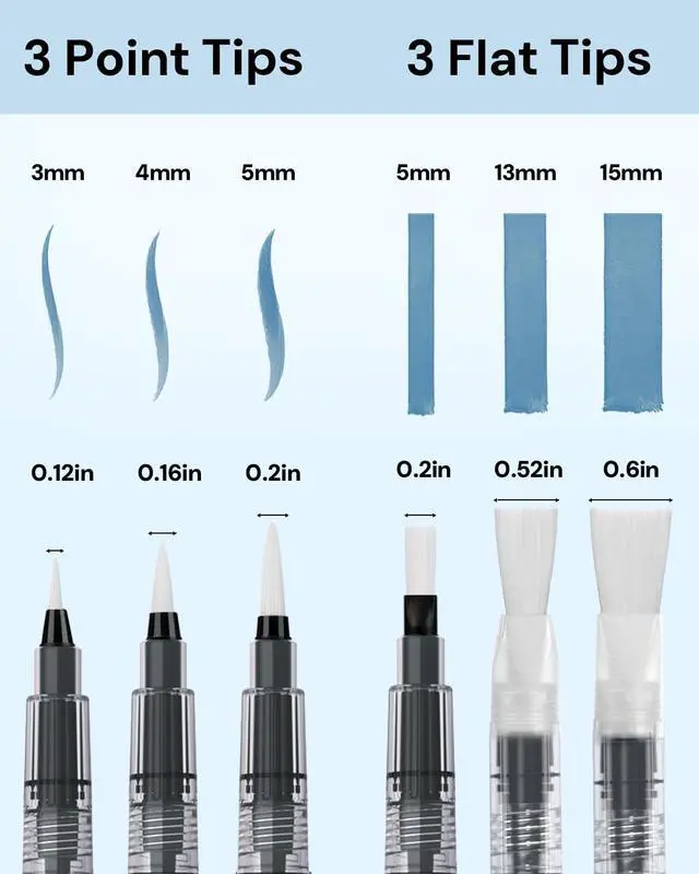 Alt view image 2 of 7 - Water Brush Pens 6-Pack Leak-Proof Refillable Watercolor Pens for Acrylic and Gouache Painting - Includes Pointed & Flat Tip Styles - Portable Water Brushes for Artists, Beginners, Adults