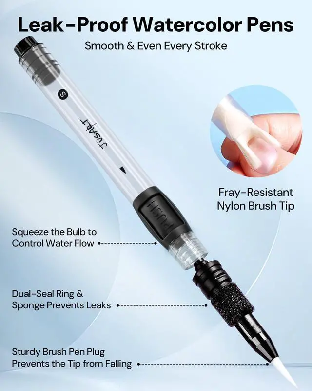 Alt view image 3 of 7 - Water Brush Pens 6-Pack Leak-Proof Refillable Watercolor Pens for Acrylic and Gouache Painting - Includes Pointed & Flat Tip Styles - Portable Water Brushes for Artists, Beginners, Adults