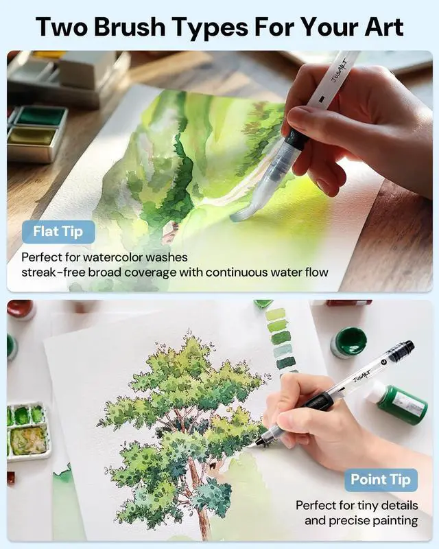 Alt view image 5 of 7 - Water Brush Pens 6-Pack Leak-Proof Refillable Watercolor Pens for Acrylic and Gouache Painting - Includes Pointed & Flat Tip Styles - Portable Water Brushes for Artists, Beginners, Adults