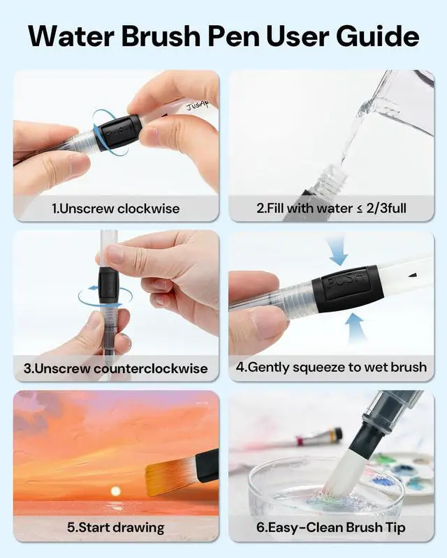 Alt view image 6 of 7 - Water Brush Pens 6-Pack Leak-Proof Refillable Watercolor Pens for Acrylic and Gouache Painting - Includes Pointed & Flat Tip Styles - Portable Water Brushes for Artists, Beginners, Adults