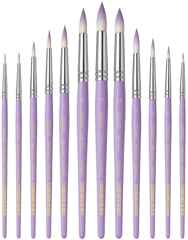 Main image of Professional Watercolor Paint Brush Set, 12 Pcs Round Artist Paint Brushes for Watercolor, Oil, Gouache and Acrylic Painting, Purple Handle