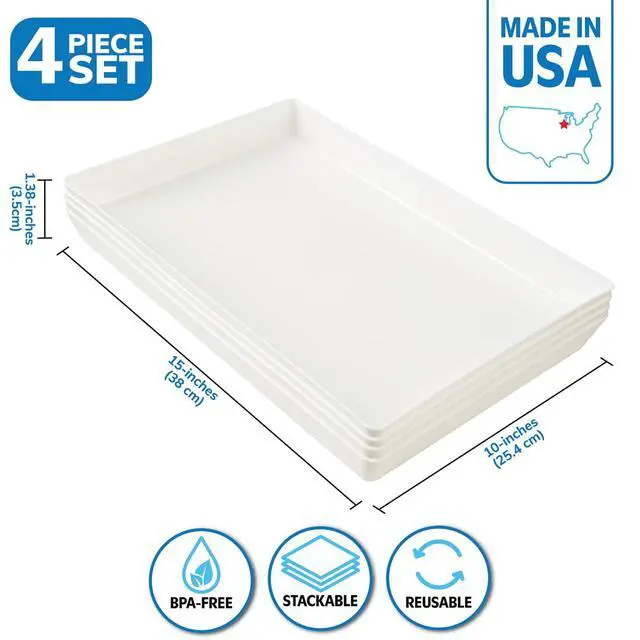 Alt view image 2 of 7 - White Plastic Serving Trays (Set of 4) 15 x 10 | Large Unbreakable Reusable Rectangular Party Platters | Serve Appetizers, Fruit, Veggies, & Desserts | BPA-Free & Made in USA