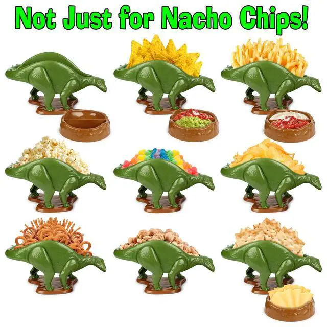 Alt view image 2 of 7 - Nachosaurus Dinosaur Nacho Holder with Dip Bowl Set - Fun Taco Chip Server Tray for Parties, Kids Snacks, Game Day - Novelty Kitchen Serving Dish