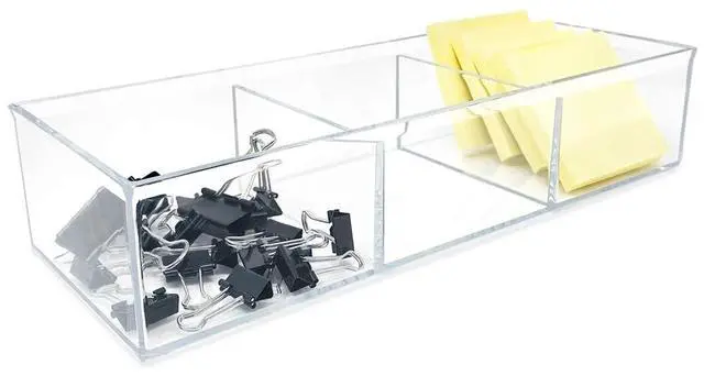 Alt view image 2 of 7 - Large 3-Compartment Acrylic Stackable Organizer (12.9" L x 5" W x 2.7" H), Multi-Sectional Tray & Storage Solution for Makeup, Craft Supplies, Bathroom, Kitchen, Office (Clear)