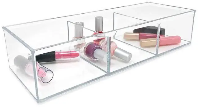 Alt view image 3 of 7 - Large 3-Compartment Acrylic Stackable Organizer (12.9" L x 5" W x 2.7" H), Multi-Sectional Tray & Storage Solution for Makeup, Craft Supplies, Bathroom, Kitchen, Office (Clear)