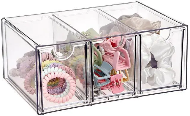 Main image of Makeup Drawer Organizer with 3 Drawers Plastic Drawer Organizer Box for Cosmetics Hair Accessories Clear Stackable Storage Drawers for Bathroom Vanity