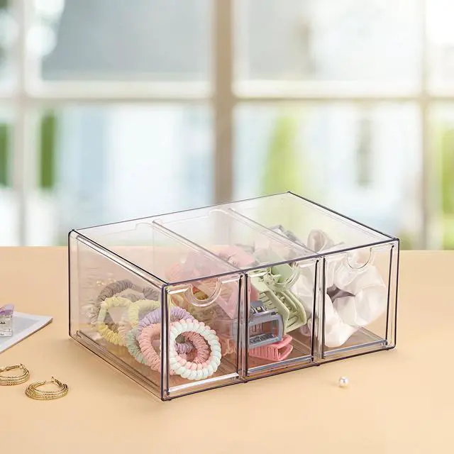 Alt view image 2 of 7 - Makeup Drawer Organizer with 3 Drawers Plastic Drawer Organizer Box for Cosmetics Hair Accessories Clear Stackable Storage Drawers for Bathroom Vanity