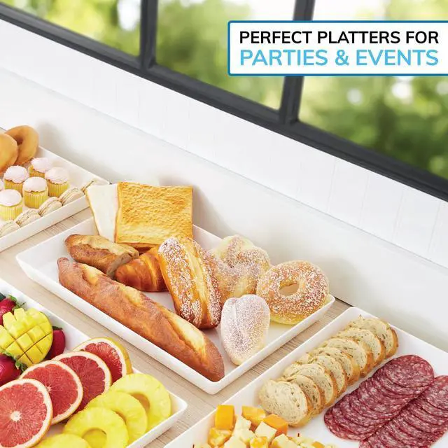 Alt view image 4 of 7 - White Plastic Serving Trays (Set of 4) 15 x 10 | Large Unbreakable Reusable Rectangular Party Platters | Serve Appetizers, Fruit, Veggies, & Desserts | BPA-Free & Made in USA