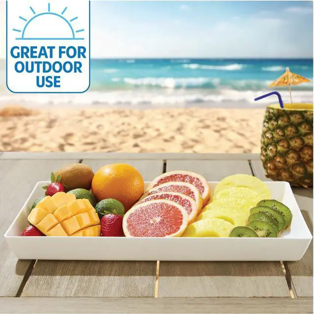 Alt view image 7 of 7 - White Plastic Serving Trays (Set of 4) 15 x 10 | Large Unbreakable Reusable Rectangular Party Platters | Serve Appetizers, Fruit, Veggies, & Desserts | BPA-Free & Made in USA