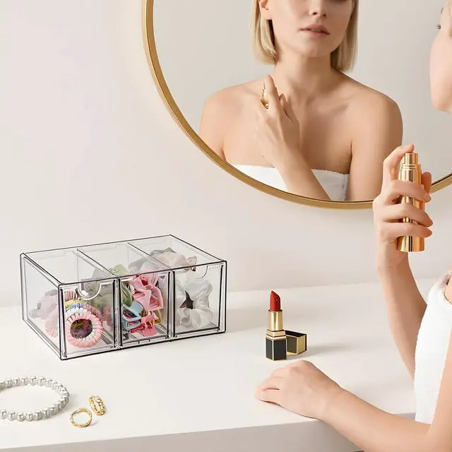 Alt view image 7 of 7 - Makeup Drawer Organizer with 3 Drawers Plastic Drawer Organizer Box for Cosmetics Hair Accessories Clear Stackable Storage Drawers for Bathroom Vanity