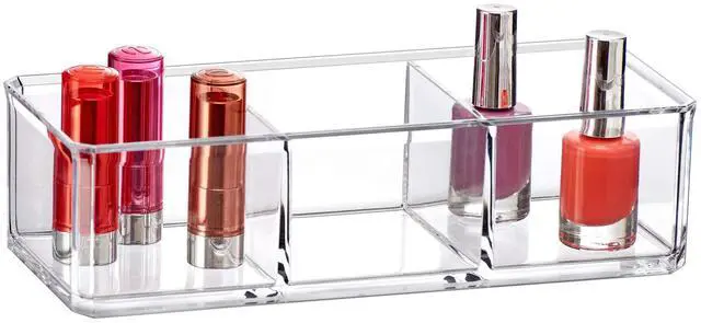 Main image of - Glamour - Acrylic 3-Compartment Makeup Organizer, Transparent Plastic Lipstick Holder, Perfect Bathroom Vanity Storage Solution for Lipsticks, Nail Polishes, and More