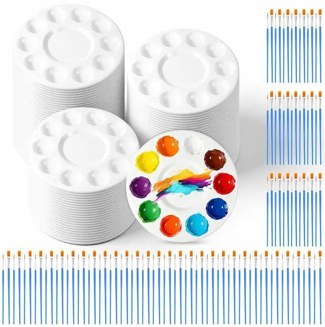 Main image of 150 Pcs Painting Brushes Palettes Set, Including 50 Painting Palettes with 10 Wells, 100 Small Paint Brushes (Flat/Round), Nylon Brush Head, Paint Supplies for Acrylic Oil Watercolor Canvas Art DIY
