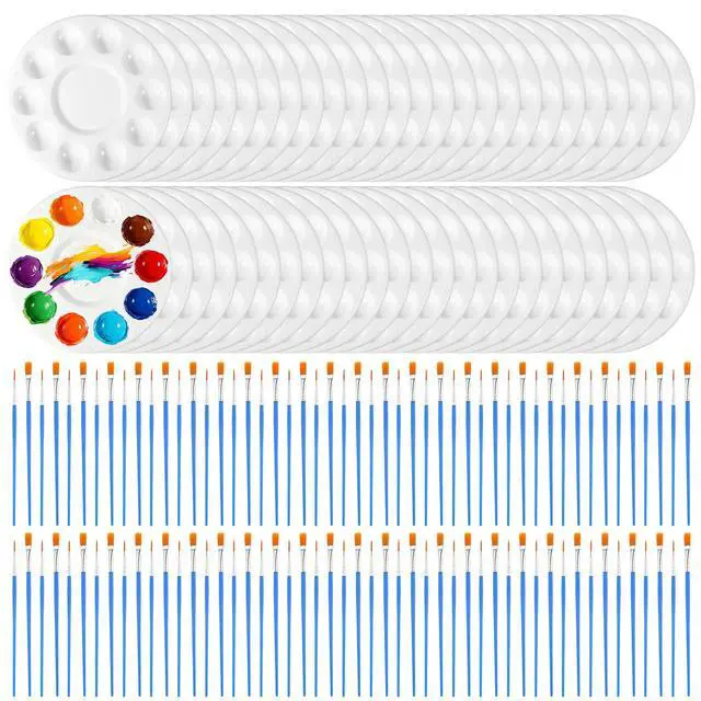 Alt view image 2 of 7 - 150 Pcs Painting Brushes Palettes Set, Including 50 Painting Palettes with 10 Wells, 100 Small Paint Brushes (Flat/Round), Nylon Brush Head, Paint Supplies for Acrylic Oil Watercolor Canvas Art DIY