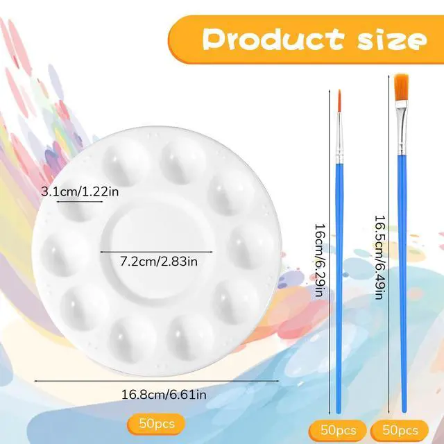 Alt view image 3 of 7 - 150 Pcs Painting Brushes Palettes Set, Including 50 Painting Palettes with 10 Wells, 100 Small Paint Brushes (Flat/Round), Nylon Brush Head, Paint Supplies for Acrylic Oil Watercolor Canvas Art DIY