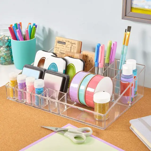 Alt view image 3 of 7 - Audrey Clear Vanity Makeup Organizer | 15-Compartment Holder for Brushes, Eyeshadow Palettes, & Beauty Supplies | Stacks on Audrey Storage Drawers | Made in USA