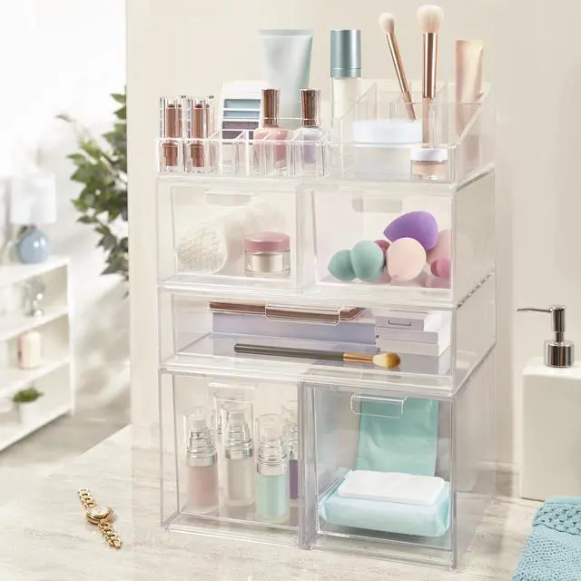 Alt view image 5 of 7 - Audrey Clear Vanity Makeup Organizer | 15-Compartment Holder for Brushes, Eyeshadow Palettes, & Beauty Supplies | Stacks on Audrey Storage Drawers | Made in USA