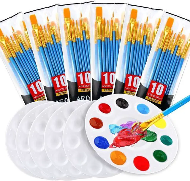 Main image of Painting Brush Palette Set, with 6 Packs of 60 Brushes and 6 Palettes,Nylon Brush Head, Suitable for Oil Watercolor, etc., Perfect Art Painting Set.