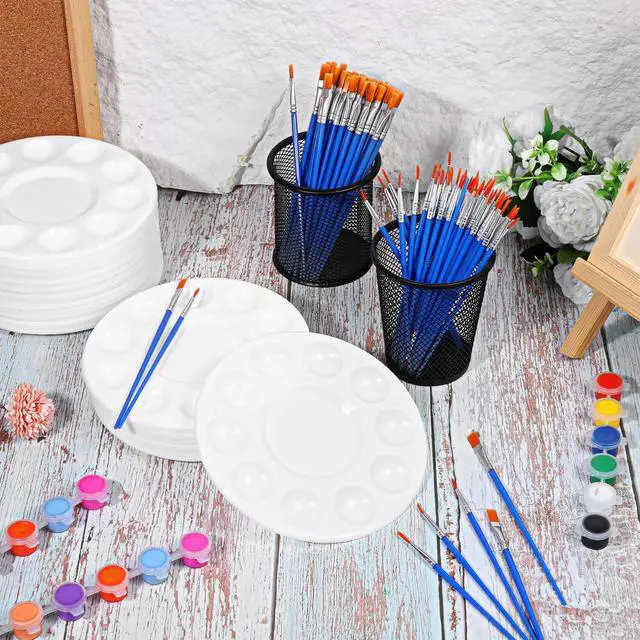 Alt view image 7 of 7 - 150 Pcs Painting Brushes Palettes Set, Including 50 Painting Palettes with 10 Wells, 100 Small Paint Brushes (Flat/Round), Nylon Brush Head, Paint Supplies for Acrylic Oil Watercolor Canvas Art DIY
