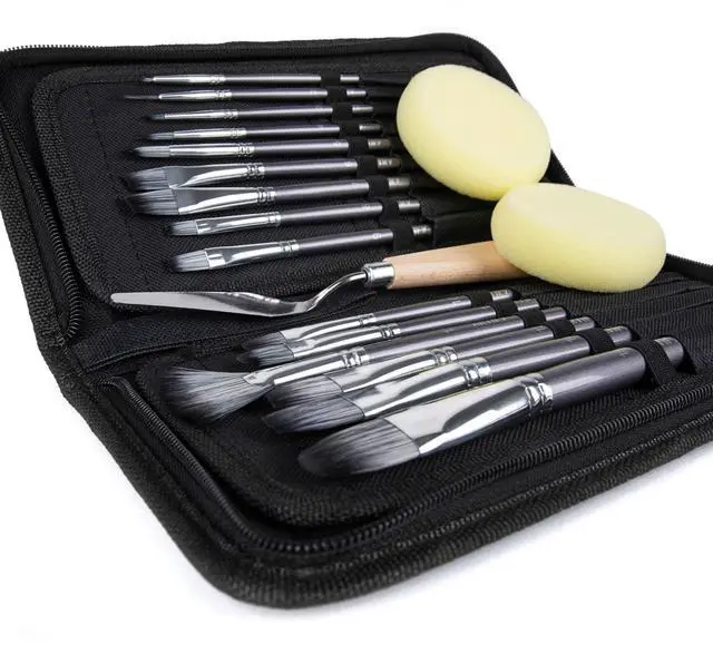 Main image of 18 Piece Paint Brush Set, ARTIFY 15 Acrylic Paint Brushes, Palette Knife, and 2 Sponges, Professional Artist Paint Brushes for Acrylics, Watercolors, Gouache, Canvas, and Face Painting, Grey