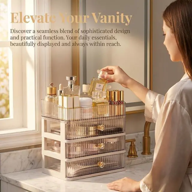 Alt view image 2 of 6 - Makeup Organizer with 3 Drawers, Clear Bathroom Counter Organizer, Skincare Organizer for Vanity Countertop, Cosmetic Display Case, Ideal Choice for Storing Lipsticks, Nail Polishes, Perfumes