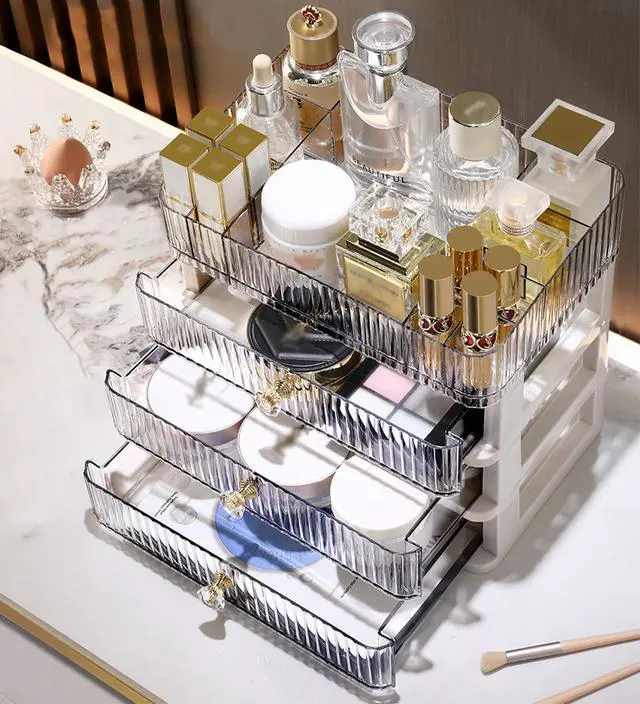 Alt view image 3 of 6 - Makeup Organizer with 3 Drawers, Clear Bathroom Counter Organizer, Skincare Organizer for Vanity Countertop, Cosmetic Display Case, Ideal Choice for Storing Lipsticks, Nail Polishes, Perfumes