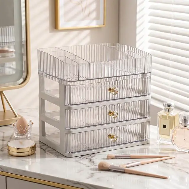 Alt view image 4 of 6 - Makeup Organizer with 3 Drawers, Clear Bathroom Counter Organizer, Skincare Organizer for Vanity Countertop, Cosmetic Display Case, Ideal Choice for Storing Lipsticks, Nail Polishes, Perfumes
