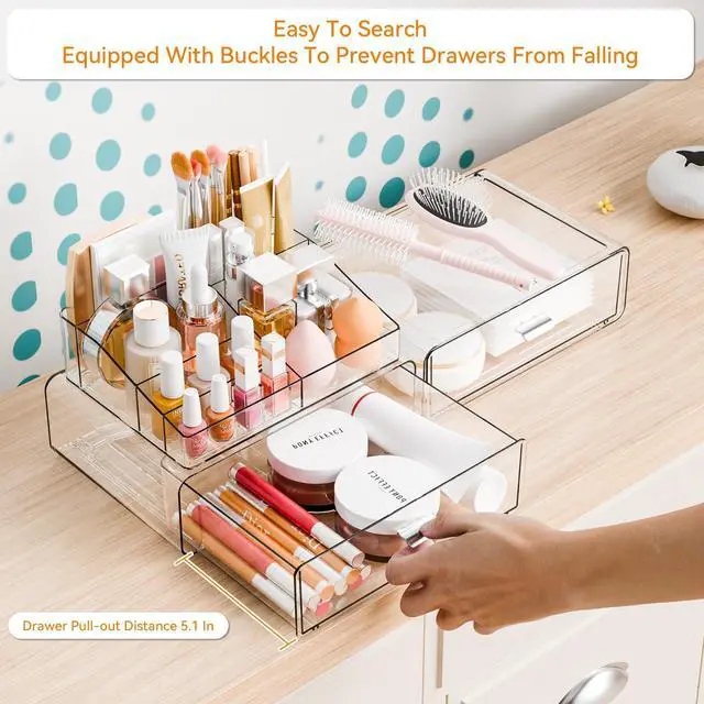 Alt view image 2 of 7 - 3 Tier Clear Acrylic Makeup Organizers with Drawers,Tiered Countertop Make up Storage Organizer for Dresser Top and Bathroom Vanity,Plastic Makeup Stand for Brush,Skincare,Beauty Organizers