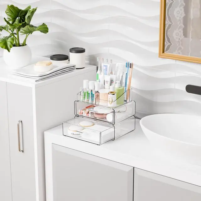 Alt view image 4 of 7 - 3 Tier Clear Acrylic Makeup Organizers with Drawers,Tiered Countertop Make up Storage Organizer for Dresser Top and Bathroom Vanity,Plastic Makeup Stand for Brush,Skincare,Beauty Organizers