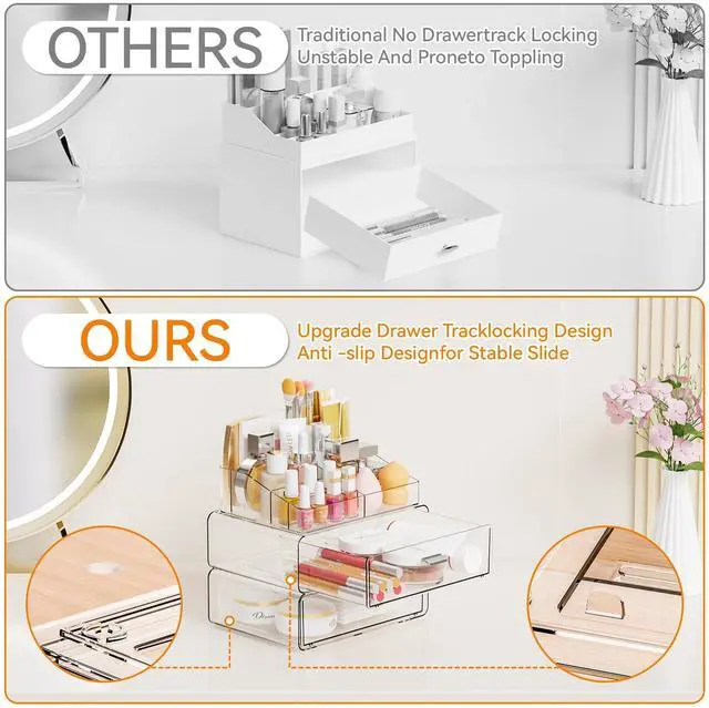 Alt view image 5 of 7 - 3 Tier Clear Acrylic Makeup Organizers with Drawers,Tiered Countertop Make up Storage Organizer for Dresser Top and Bathroom Vanity,Plastic Makeup Stand for Brush,Skincare,Beauty Organizers
