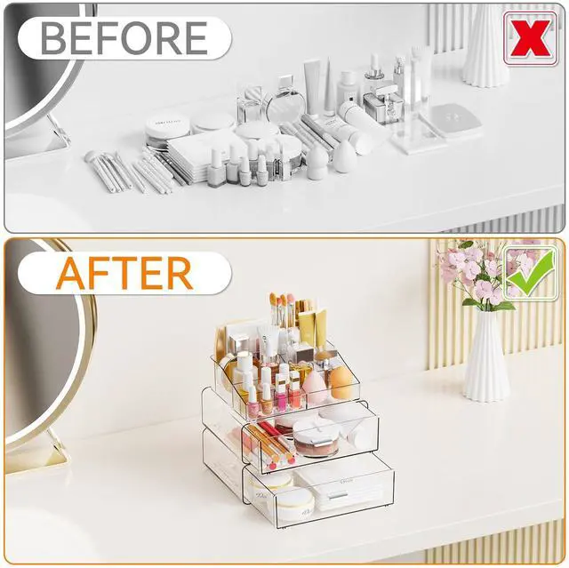Alt view image 6 of 7 - 3 Tier Clear Acrylic Makeup Organizers with Drawers,Tiered Countertop Make up Storage Organizer for Dresser Top and Bathroom Vanity,Plastic Makeup Stand for Brush,Skincare,Beauty Organizers