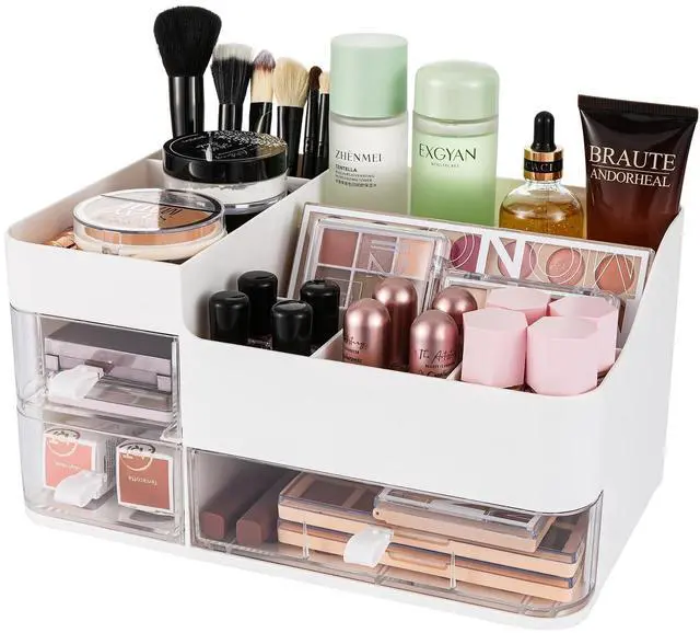 Main image of Makeup Organizer and Storage Cosmetic Display Case With 3 Clear Drawers Skincare Organizer for Bathroom Make Up Stand for Vanity Lipsticks, Jewelry, Nail Care, Eyeshadow, Skincare
